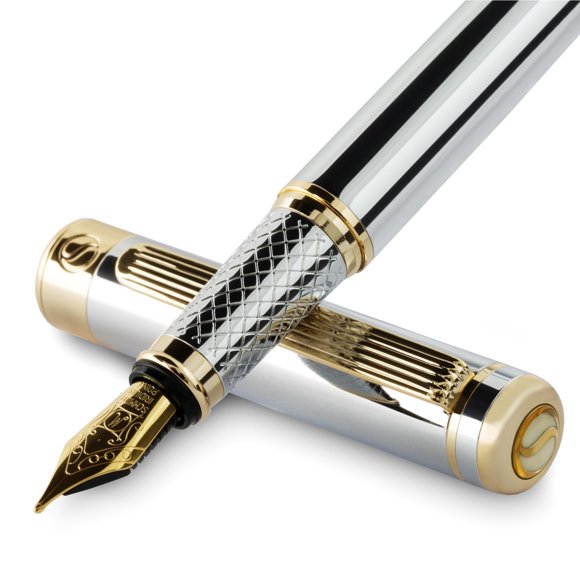 Scriveiner Silver Chrome Fountain Pen â?? Luxury Pen with Precision German Schmidt Medium Nib, Gold Plated Detailing, Balanced Constr