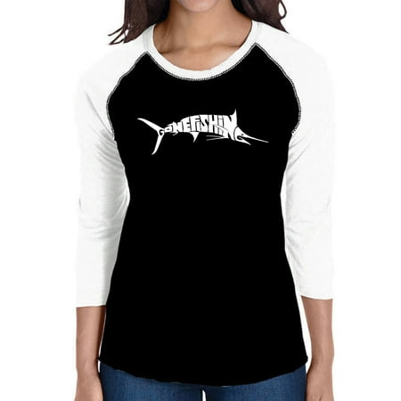 LA Pop Art Women s Raglan Baseball Word Art T-shirt - Marlin - Gone Fishing