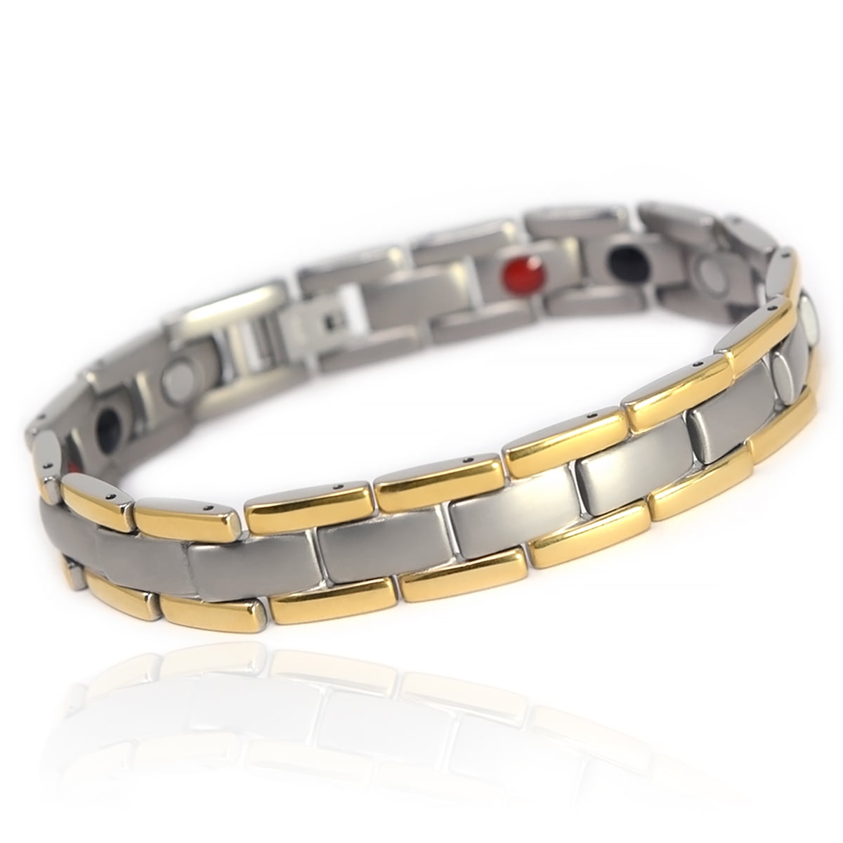 Men's Quad-Element Satin Titanium Magnetic Bracelet With Gold Accents - 12,800 Gauss B430J