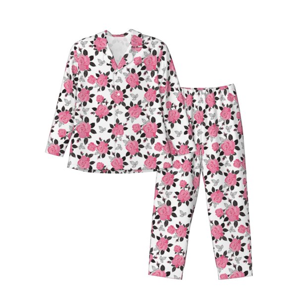 Fotbe Rose Flowers Pijama de Hombre con Estampado de Manga Larga, Conjunto de 2 Piezas, Ropa de Dormir Suave y Cómoda con Bolsillos-Medium