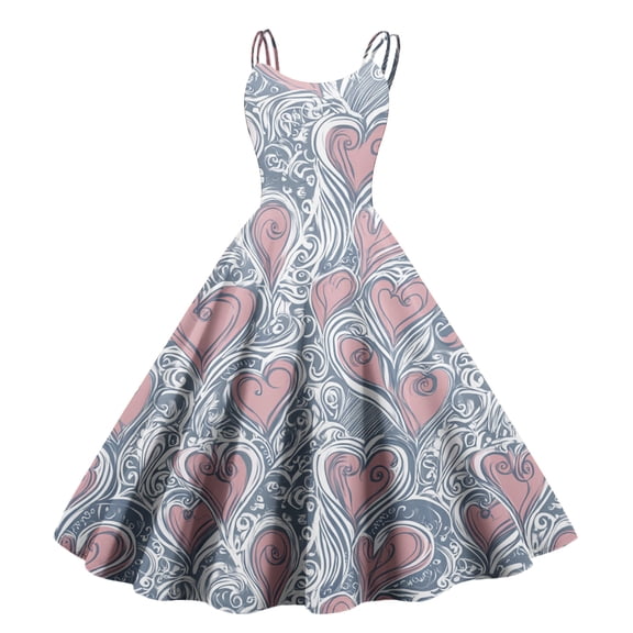 Women's Vintage Swing Dress A Line Sleeveless Heart Printed Dresses Party Costume Light pink L