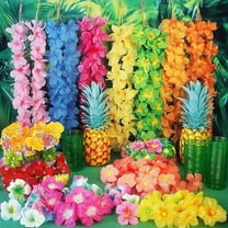 Dserhfy 70 Pcs Hawaiian Leis Luau Party Decoration Artificial Tropical Palm Leaves Hibiscus Flowers Hula Dance Party Favors for Summer Beach Pool Party Supplies