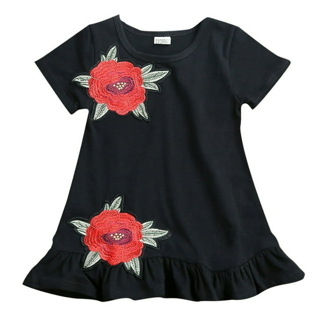 Robe d'Été pour Bébé Fille Broderie Fleur Manches Courtes Col Rond Appliqués Robe de Fête Florale Décontractée