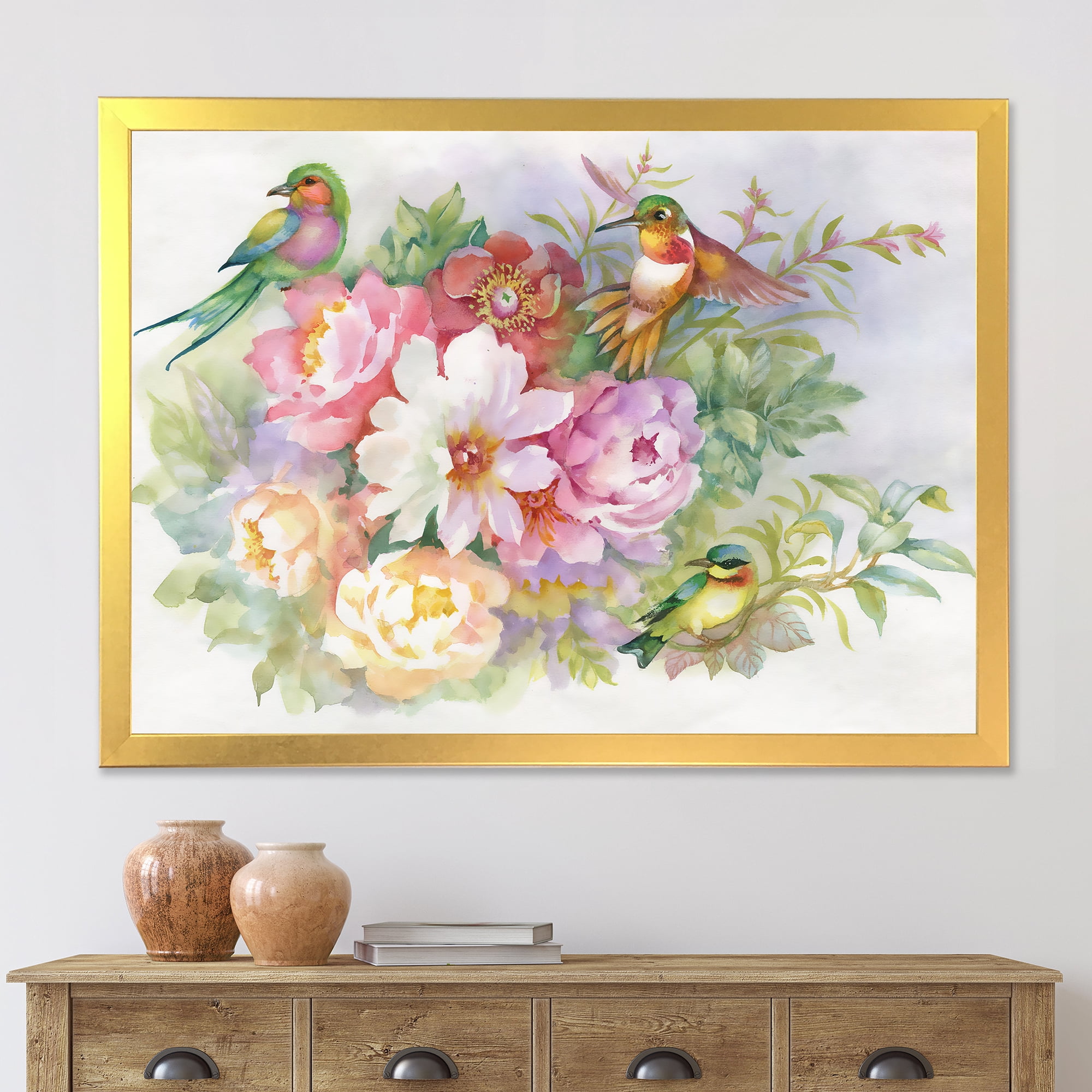 Designart 'Colourful Birds and Vibrant VIntage Flowers' Traditional Framed Art Print