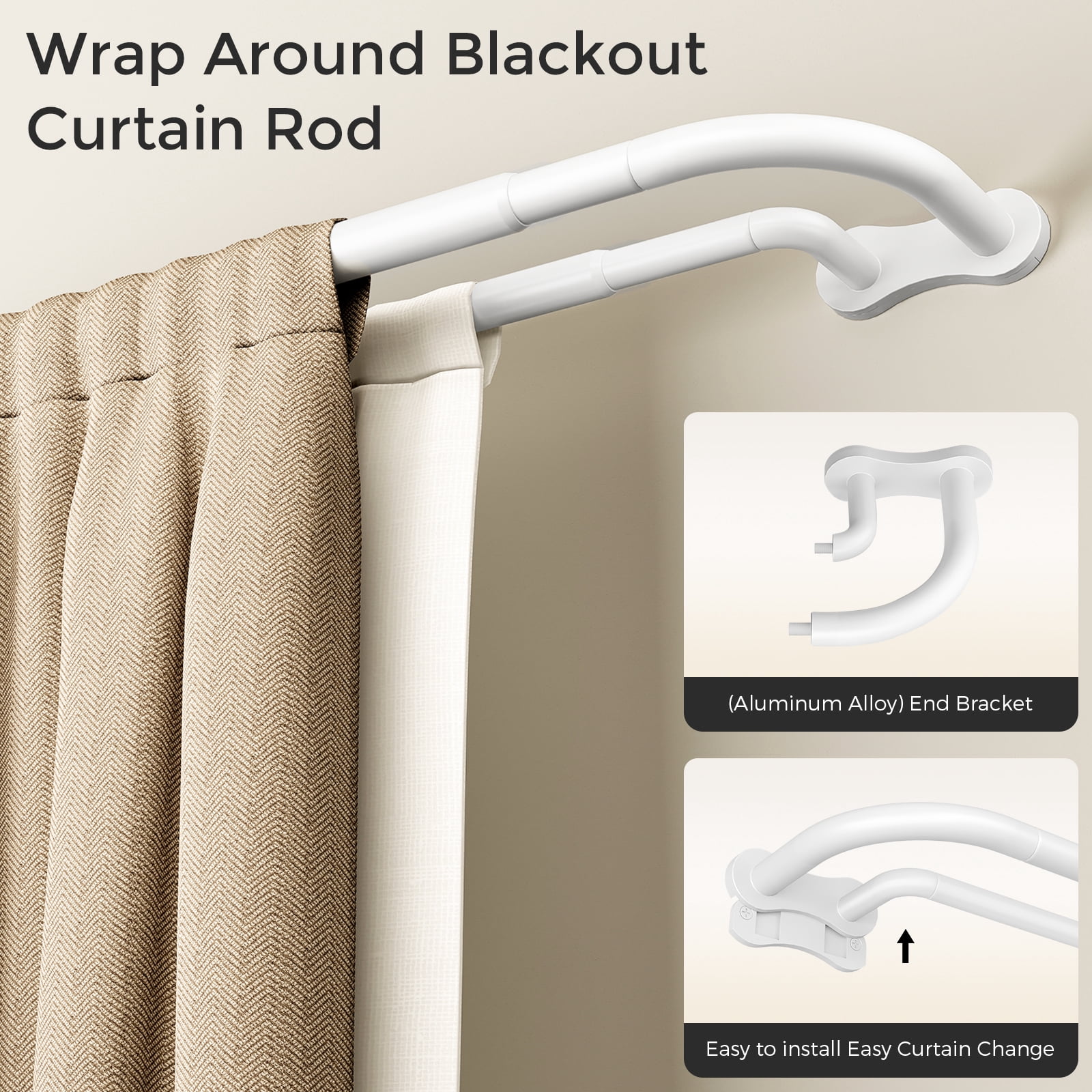 OLV Wrap Around Double Curtain Rods for Window,36-88 inch,White