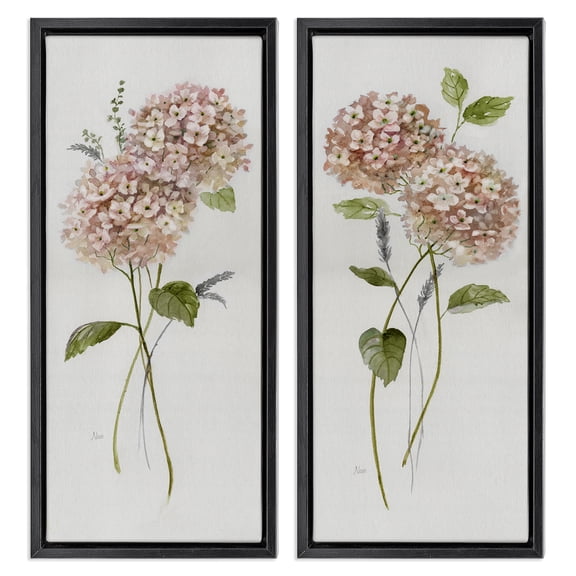 Stupell Industries Pink Hydrangea Sprigs Floral Painting Black Floater Framed Canvas Art Print Wall Art, 11 x 25, Set of 2