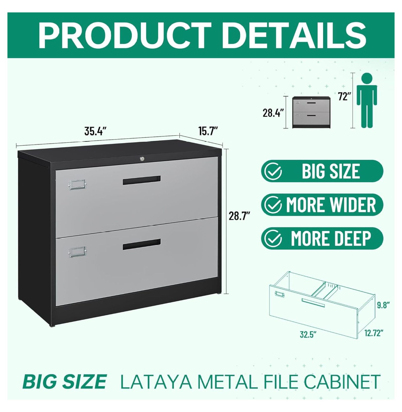 WDZS File Cabinet with Lock-Lateral 2 Drawer Metal Filing Cabinets-Organization Storage Cabinets for Home Office-Hanging Letter/Legal/F4/A4 Size (2 Drawer-Grey Black)
