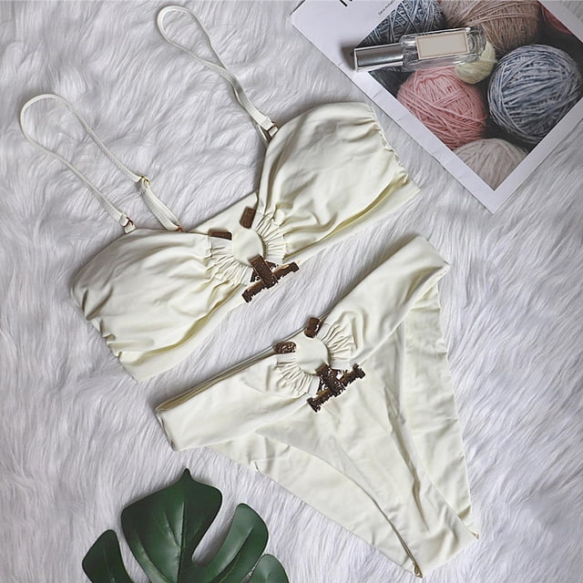 Traje de Baño Bikini Yinane Correa de Espagueti Ajustable Acolchado Beige S