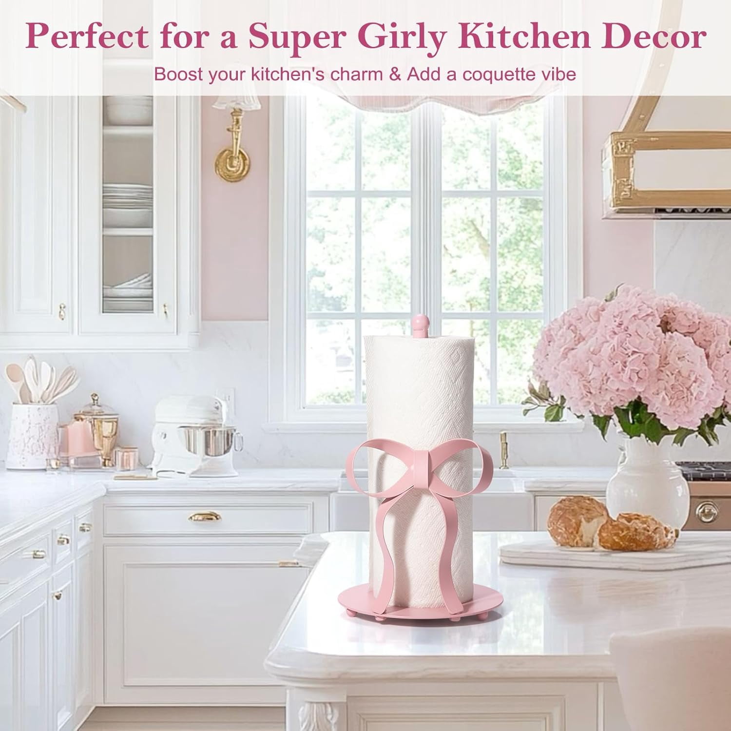 ThrottleT - Pink Bow Paper Towel Holder Coutertop - Bow Accent Paper Towel Holder, Pink Kitchen Decor and Accessories, Coquette Room Decor Girly Gifts for Women, 3D Handmade Pattern, Weighted Base