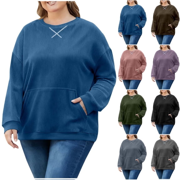 ZyeKqe Womens Corduroy Sweatshirts Crew Neck Oversized Pullover Tops Plus Size Long Sleeve Warm Fall Shirts