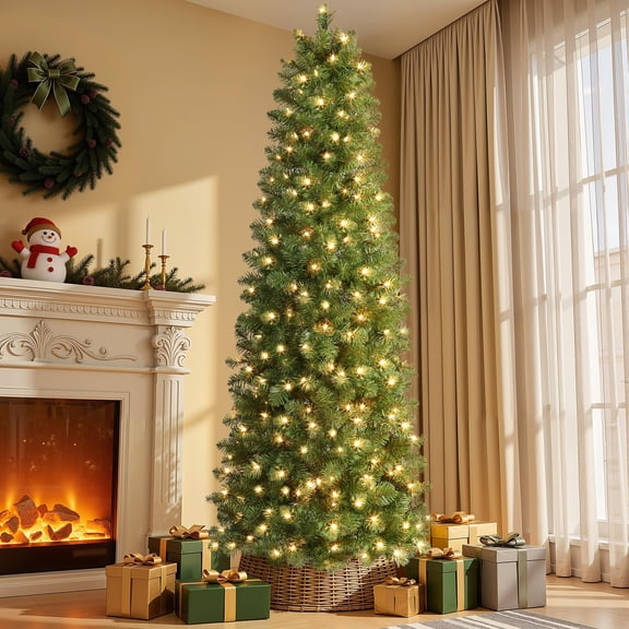 Lolsea 6.5ft Prelit Artificial Slim Pencil Christmas Tree w/ Warm White Lights, Full Branch Tips, Perfect Choice Decoration for Xmas Holiday