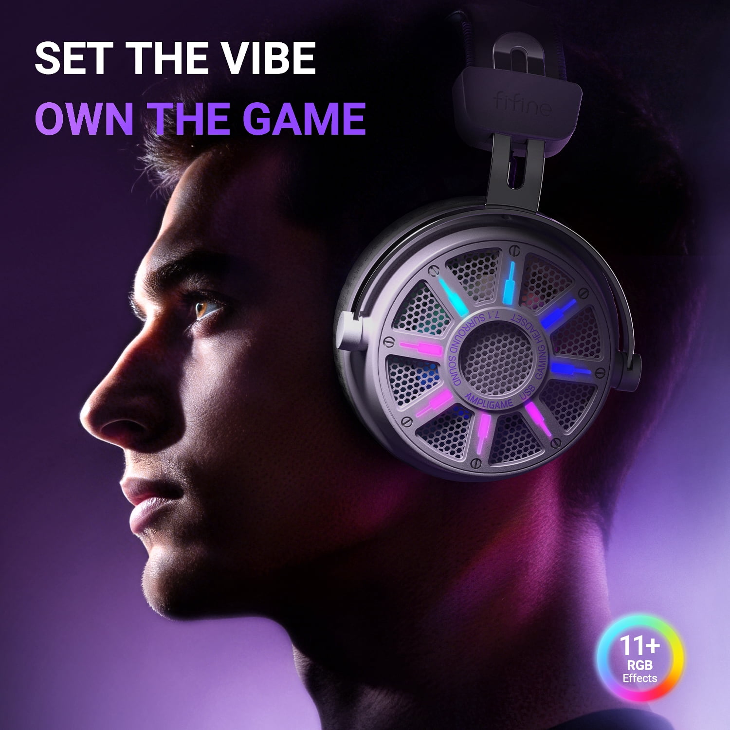FIFINE Open-Back Gaming Headset for PC Computer, PS5/PS4, Wired Headphones with Noise-Cancelling Microphone, 7.1 Surround Sound, EQ Modes, RGB Lighting, White