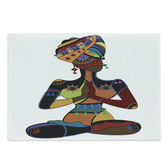 Yoga Cutting Board, Woman in Style Costume Culture Enlightenment Grace, Decorative Tempered Glass Cutting and Serving Board, Large Size, Multicolor, by Ambesonne