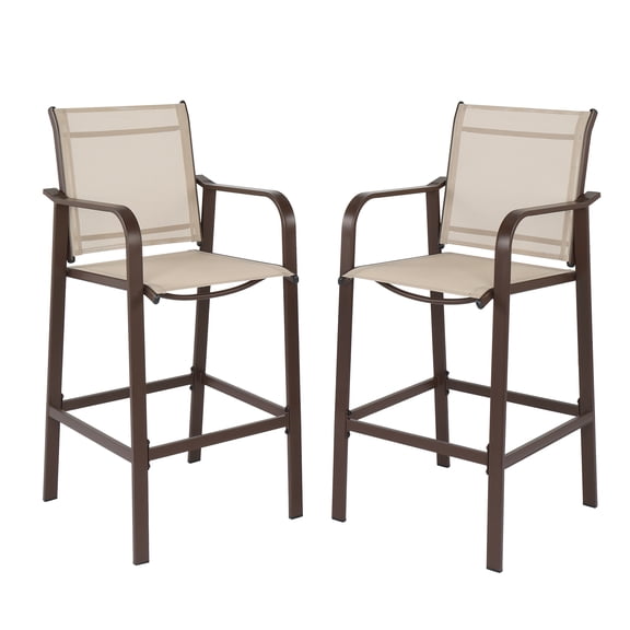 Ktaxon 2pcs Patio Garden Bar Chair 44in Height Wrought Iron Teslin Mesh, Brown Frame Beige