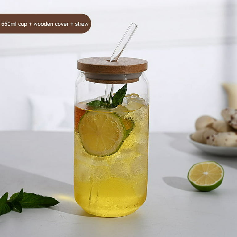 18.5oz Can Shaped Glass Cup with Bamboo Lid and Reusable Glass Straw, Glass  Cups Reusable Beer Can Glass for Beer Cocktail Coffee Tea 
