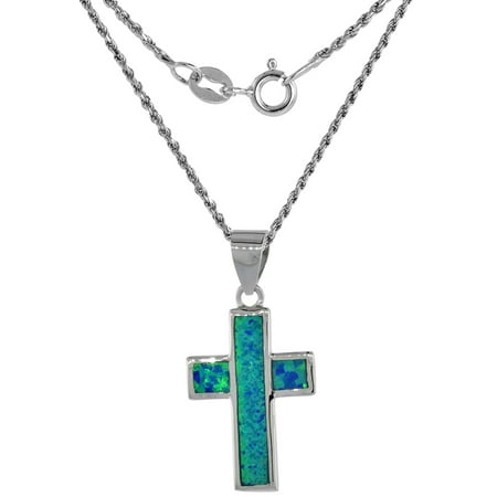 Sterling Silver Synthetic Opal Cross Necklace for Women Hand Inlay 3/4 inch 18 inch ROPH_25