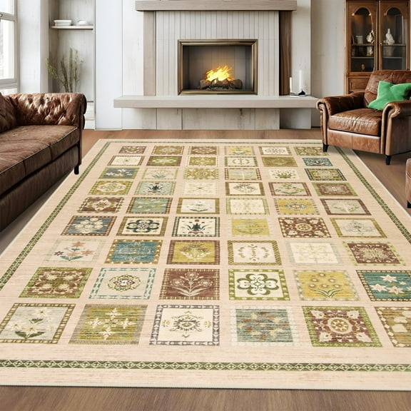 Astorug Washable Non-Slip Area Rug 6x9 Feet - Boho Moroccan Geometric for Living Room, Bedroom, Dining Room, Office, Beige