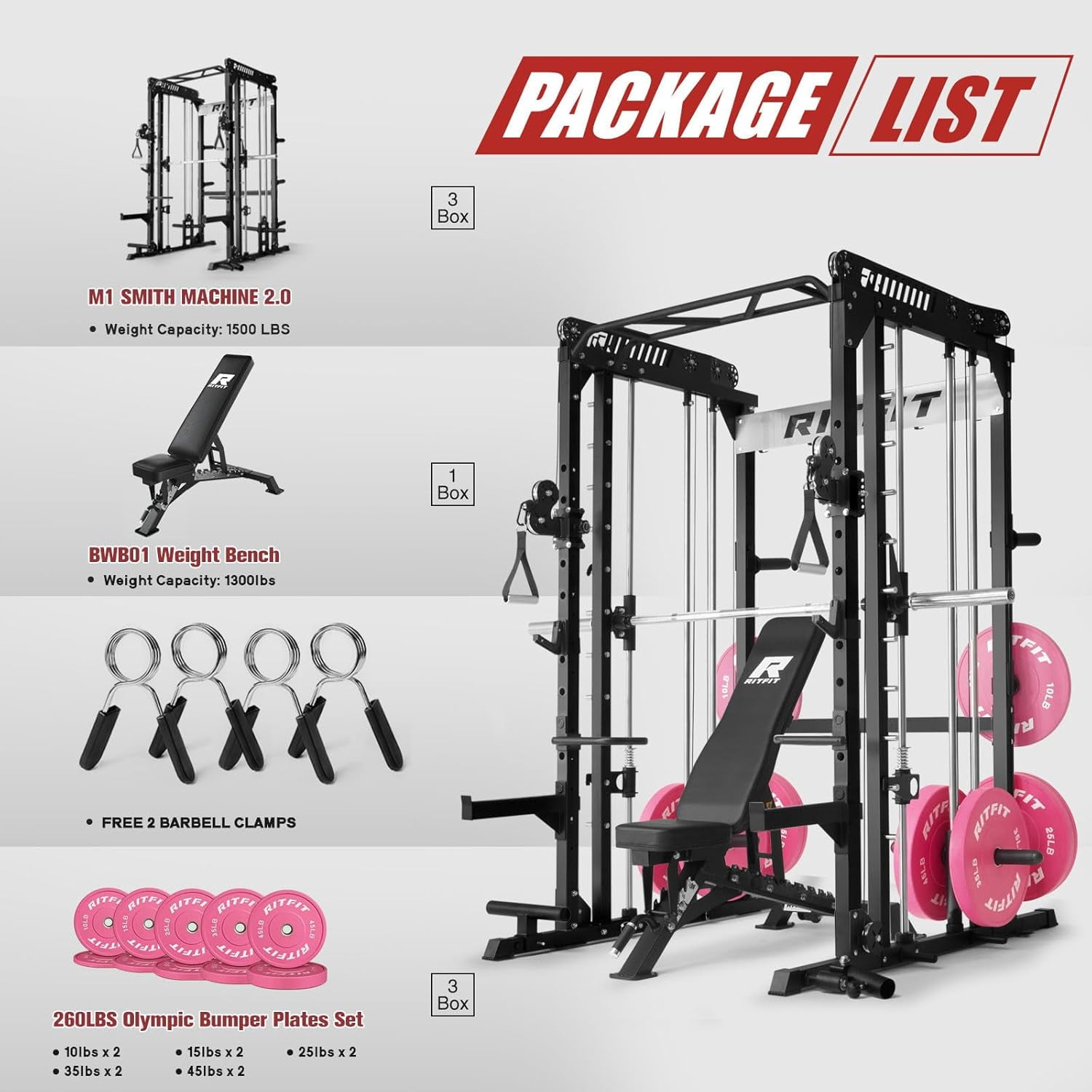 RitFit M1 Pro Smith Machine with Cable Crossover System, Multi-Function Squat Rack Power Cage for Home Gym, Power Rack and Packages Black（bp260 Pink Package)
