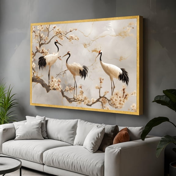 Elegant Crane Trio Wall Art, Cherry Blossom Branch, Asian Nature, Minimalist Bird Wall Decor, Neutral Home Decoration UNFRAMED Poster, Wall Art for Decor, Present, 8x12