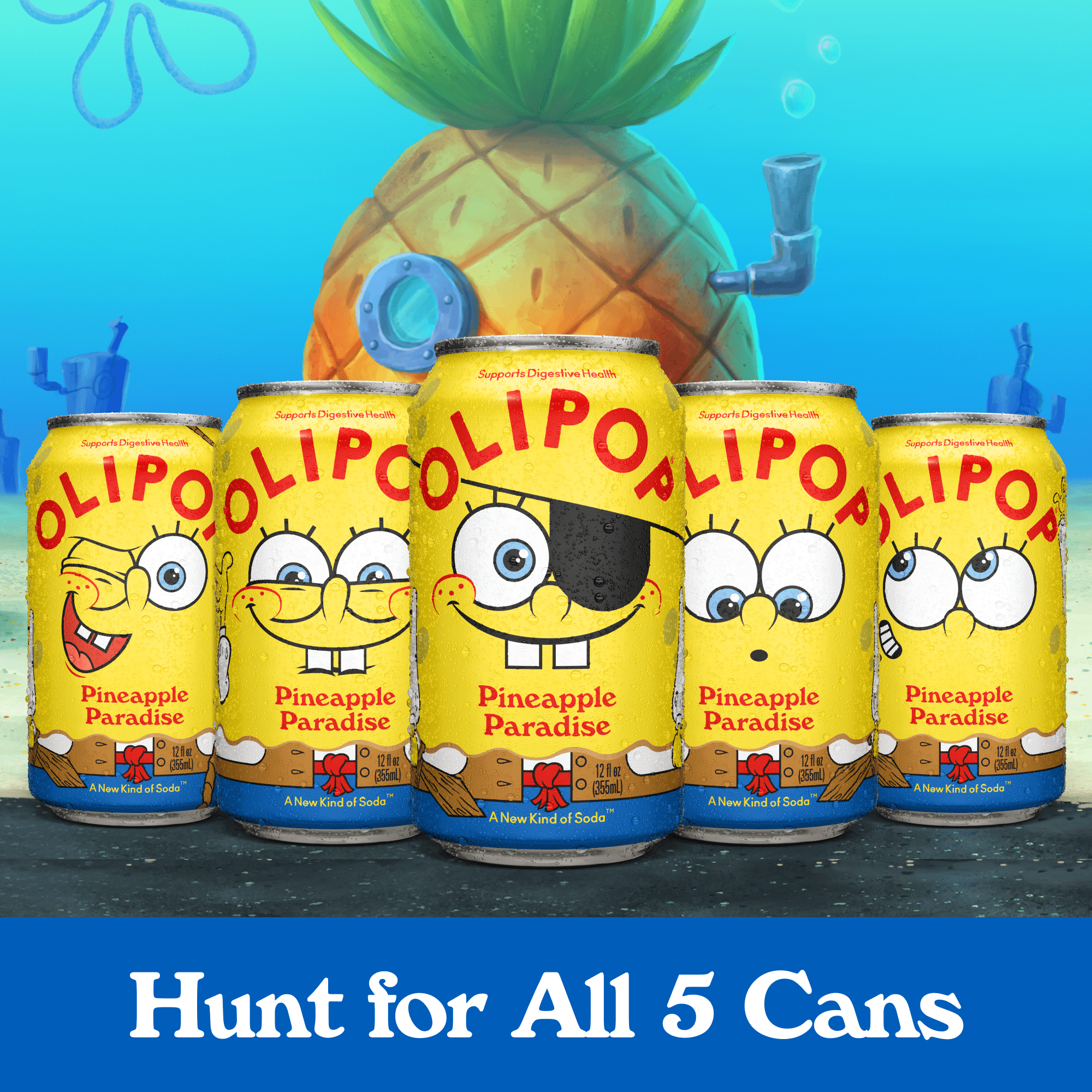 OLIPOP Prebiotic Soda, SpongeBob Pineapple Paradise, 12 fl oz, 4 pack, Pantry Pack