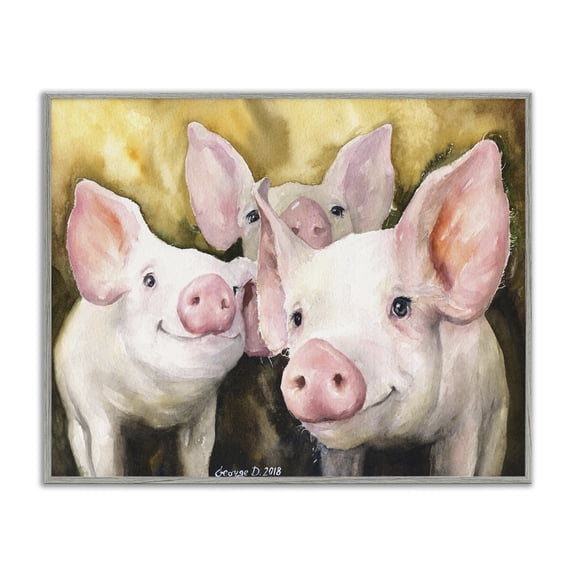 Stupell Industries Rustic Lodge Baby Pigs on Yellow Gray Framed Giclee Art, 14 x 11, by George Dyachenko