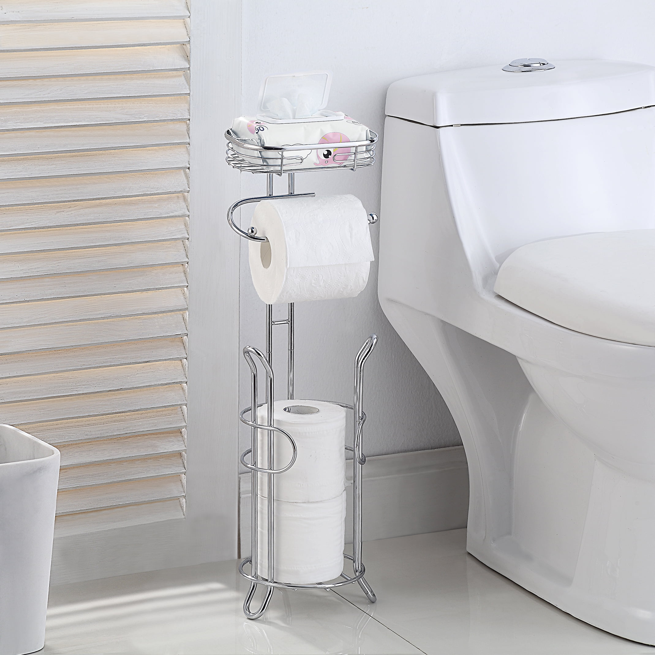 SunnyPoint Bathroom Toilet Tissue Paper Roll Storage Holder with Reserve and Shelve; Chrome