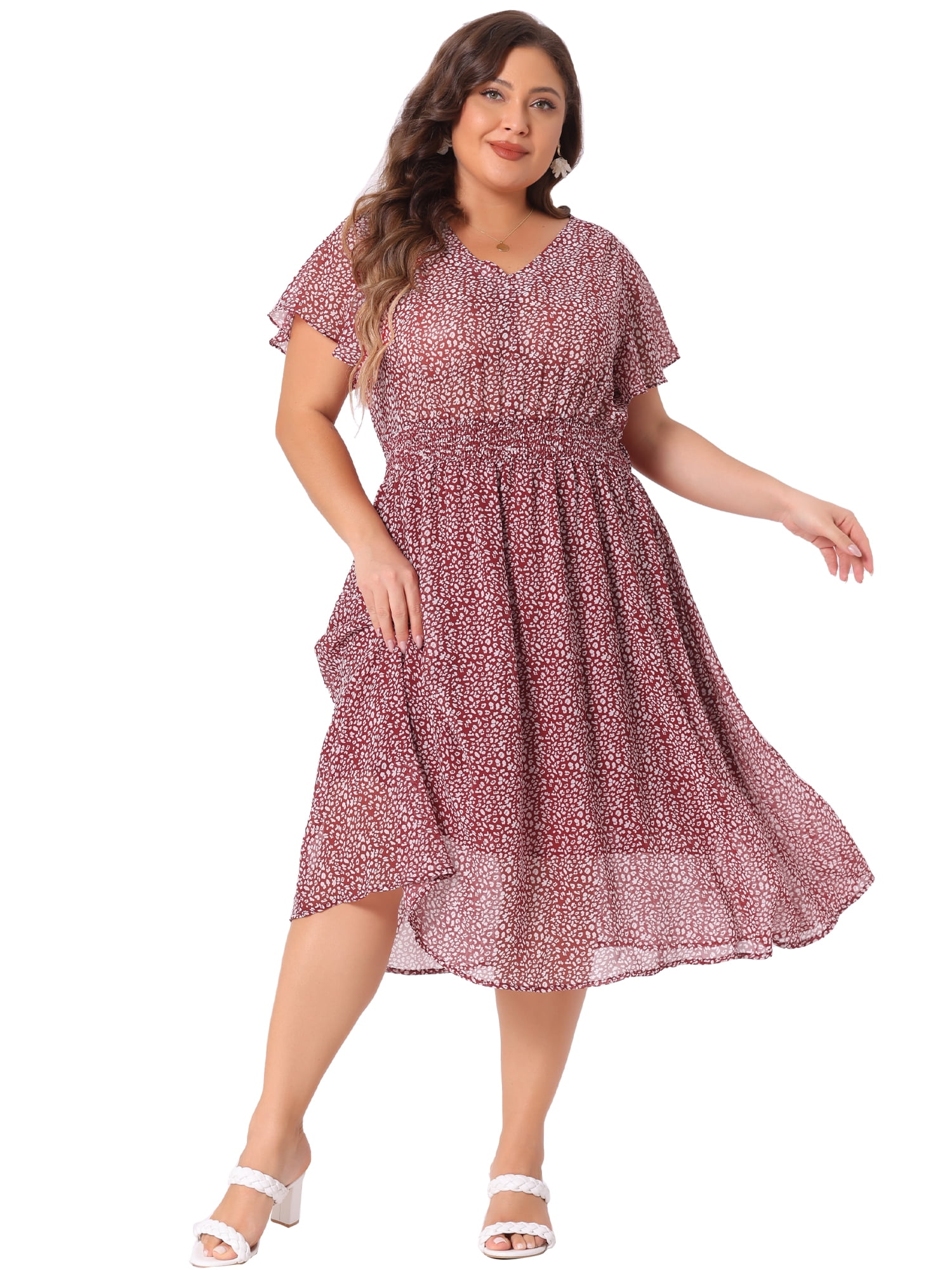 DARING DIVA Plus Size Ditsy Floral V Neck Smocked Waist Midi Dress 1X Burgundy