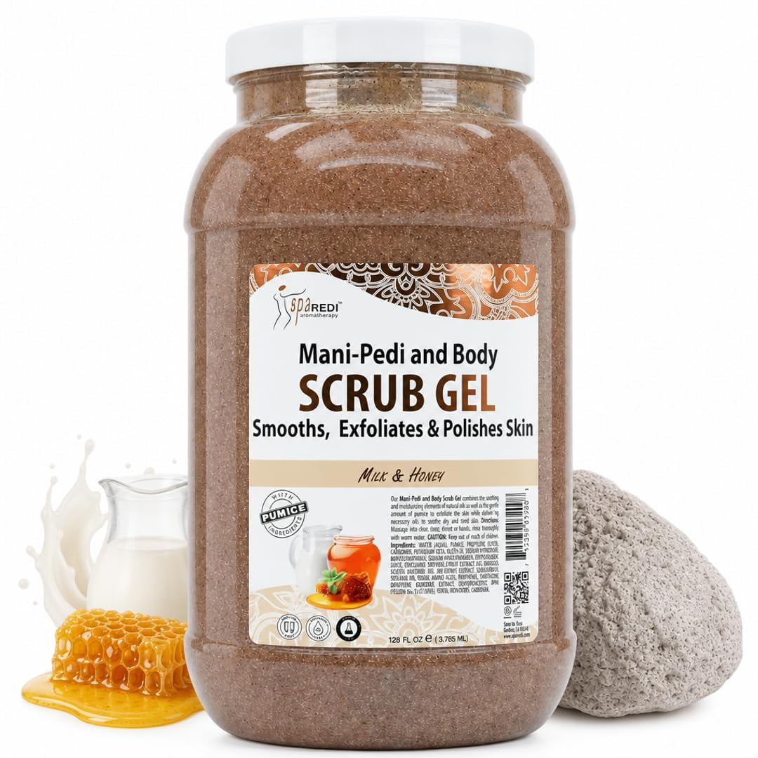 SPA REDI - Exfoliating Scrub Pumice Gel, Milk and Honey, 128 Oz - Manicure, Pedicure and Body Exfoliator Infused with Hyaluronic Acid, Amino Acids, Panthenol and Comfrey Extract