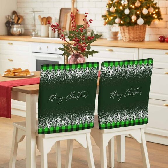 Merry Christmas Chair Covers Set of 4 Modern Snowflakes Buffalo Plaid Dark Green Chair Back Covers Stretch Removable Washable Slipcovers Protector for Dining Room Kitchen Party Decor