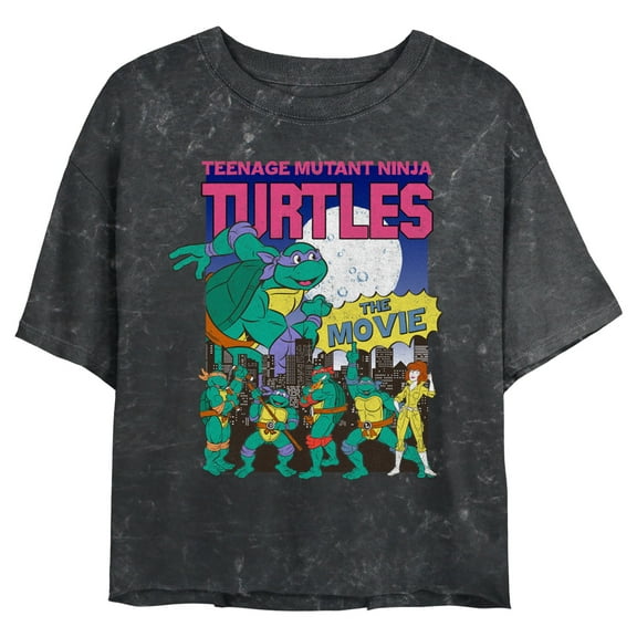 Junior's Teenage Mutant Ninja Turtles The Movie Retro Poster Graphic Crop T-Shirt Black 2X Large
