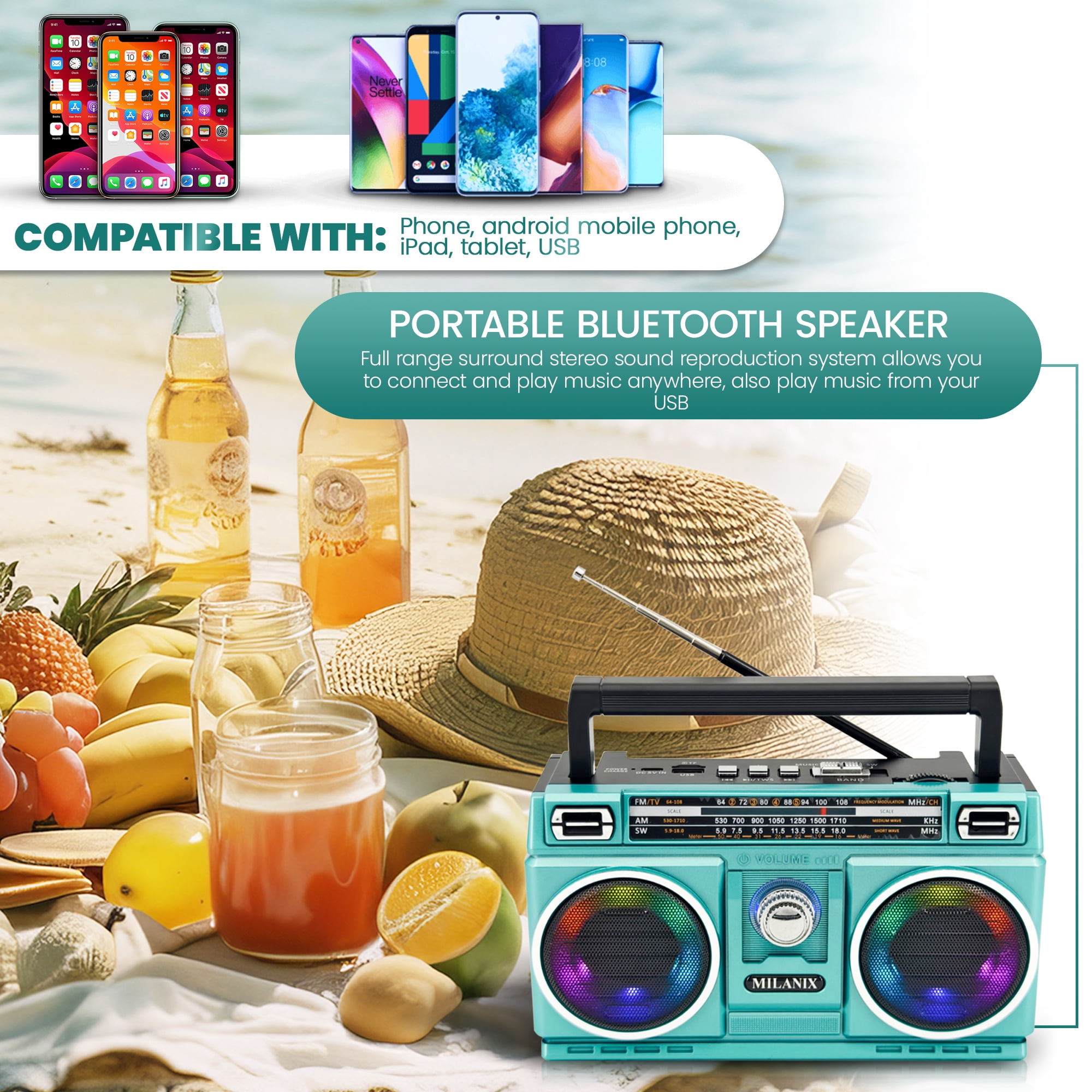 Milanix Bluetooth Battery Dual Speakers Compact Portable AM/FM Radios, Turquoise