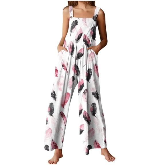 Byworldtasic Womens Jumpsuit Sleeveless Print Overalls Back Smocked High Waist Straight Leg One Piece with Pockets