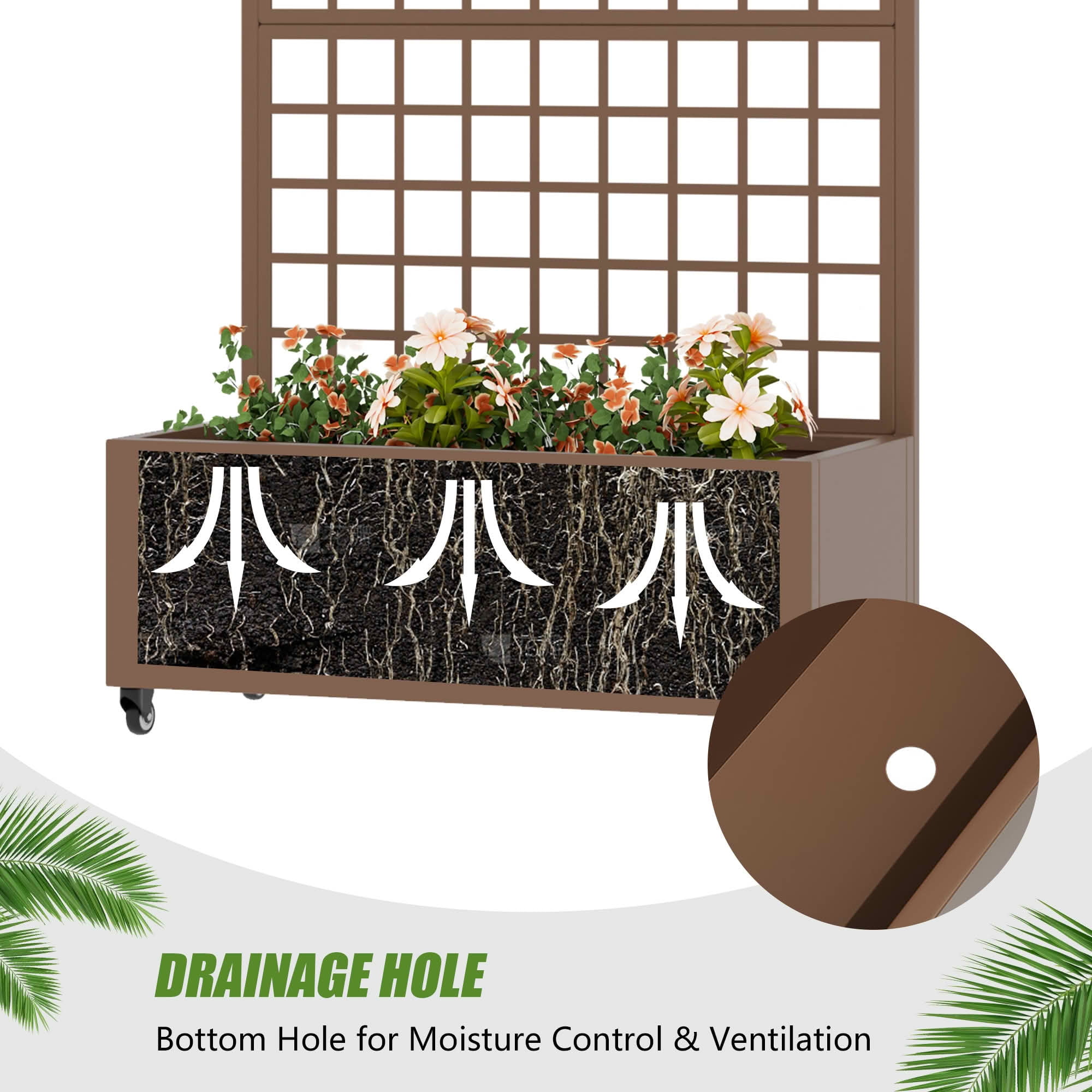 MAYEERTY 72X35" Metal Outdoor Brown Privacy Screen with Planter Box for Backyard & Garden, 5 Piece Set