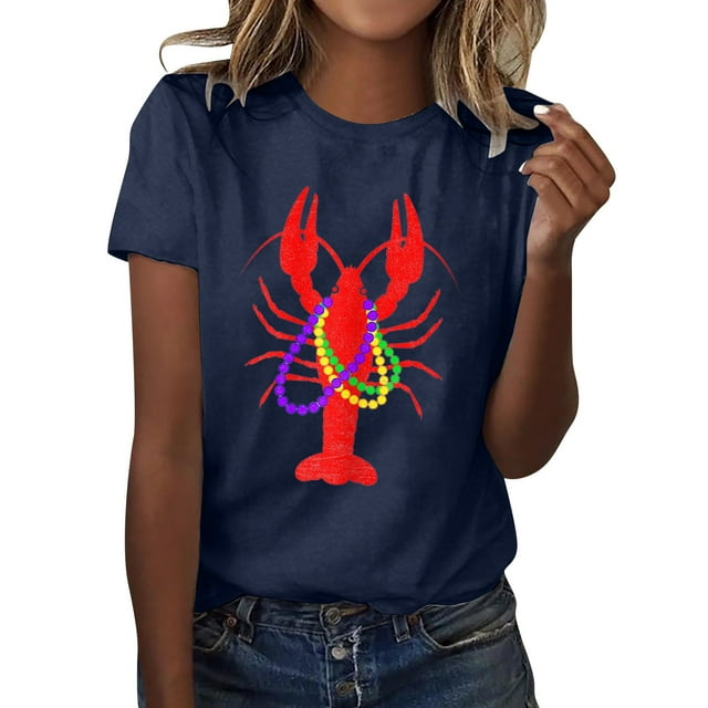 TSADFHJI T-Shirts en Coton pour Femmes Coupe Ample Mode Décontractée Impression Mardi Col Rond Manches Courtes Tee Tops Tunique Blouse m Marine