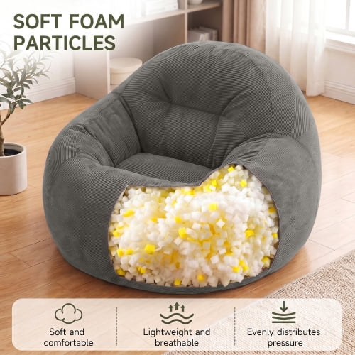 Bean Bag Chair with Memory Foam – Fluffy Cozy Lazy Chair for Dorm, Apartment & Living Room, Gray
