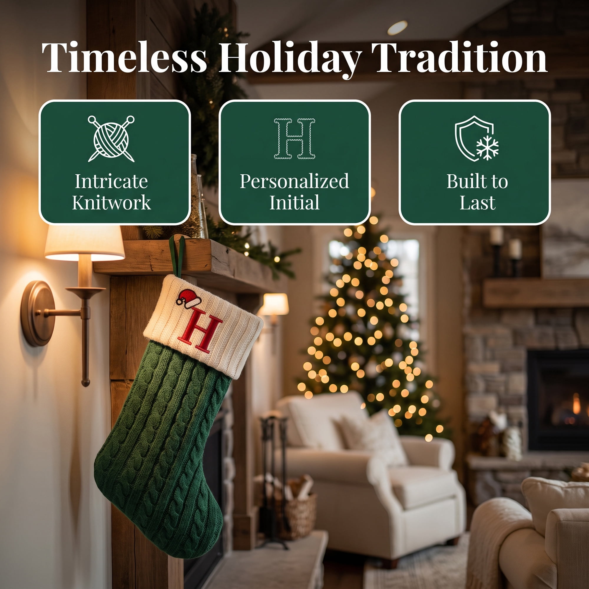 Unique Bargains Christmas Luxury Grand Hearth Accent Stocking Green Letter H 8"
