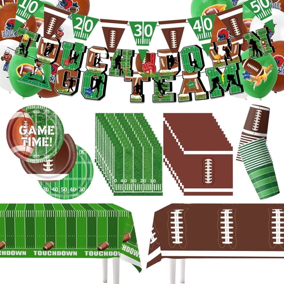 ZYNERY Football Party Supplies Tableware Set, Green and Brown, 142-Piece (Serves 24)
