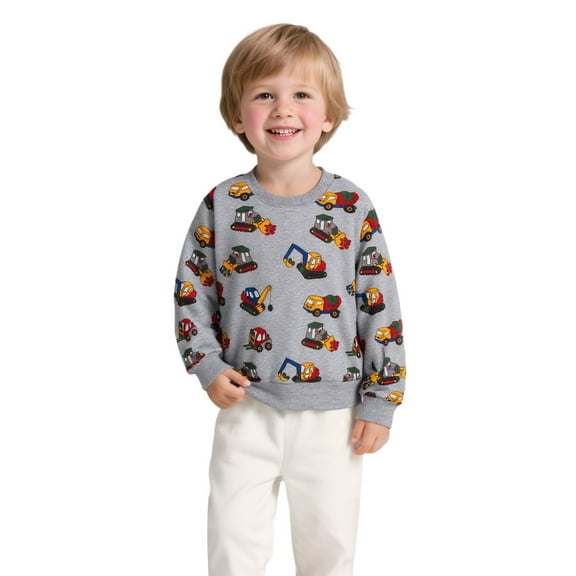 Toddler Boys Long Sleeve Crewneck Sweatshirt With Cute Cartoon Construction Truck Print Fall Winter Casual