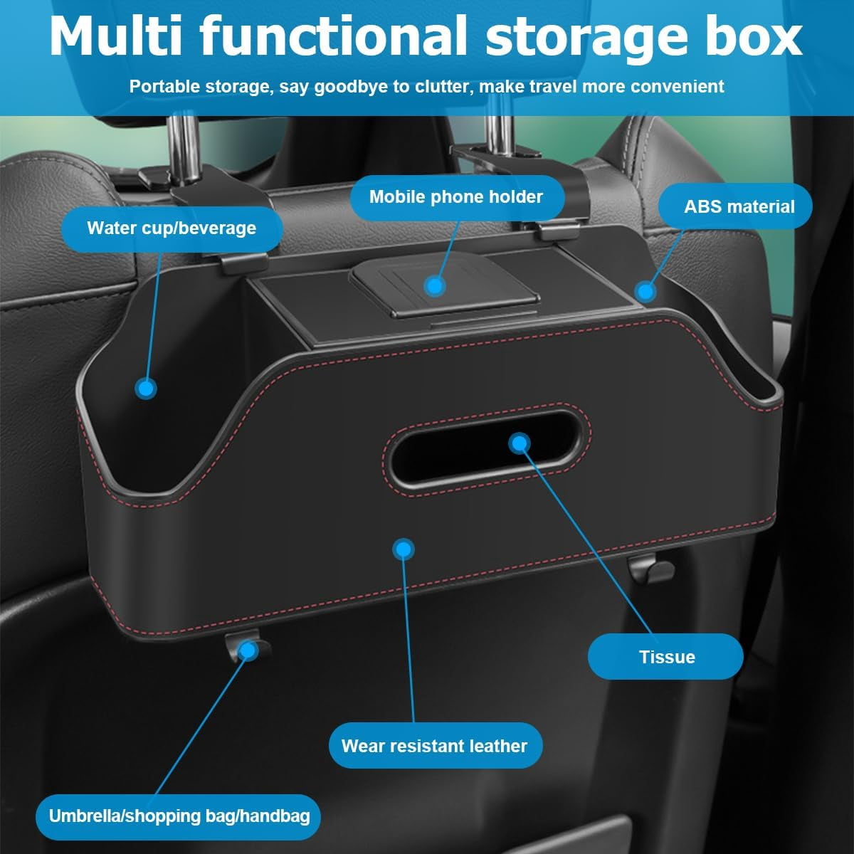 Car Headrest Backseat Organizer with Cup Holder, Multi-Functional Vehicle Seat Back Hanging Storage Box with Hooks, Auto Drink Snack Phone Tray Travel Accessories for Kids Adults (Black)