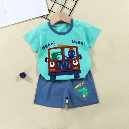 

Fesfesfes Toddler Boys Cute Suit Cartoon Print Short Sleeve Round Neck Loose Cotton T-shirt Comfy Elastic Shorts 2PCS Set