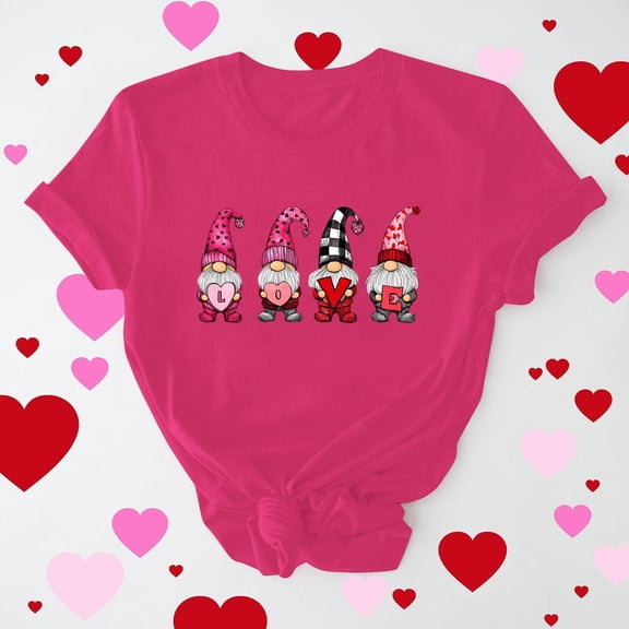 Guzom Hot Pink Gnome LOVE Graphic Tee for Women, Casual Crewneck Short Sleeve Stretch Polyester Spandex Valentine's Day Shirt S-XXXL Plus Size,Size XL