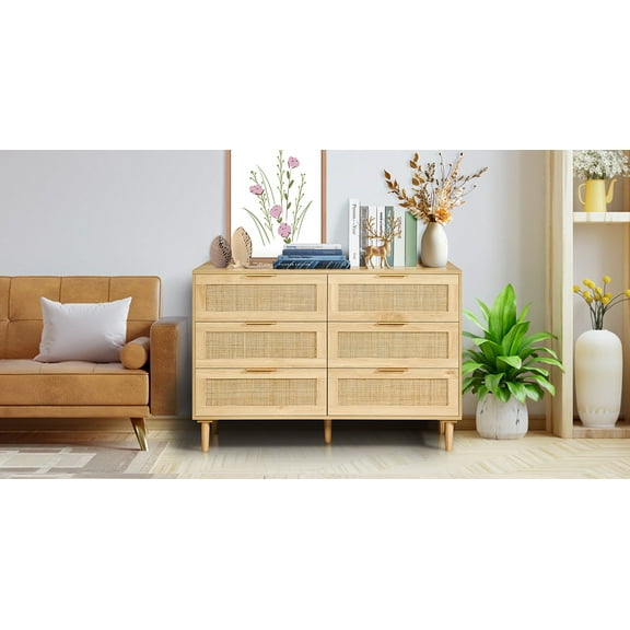 KFFKFF Rattan Dresser with Six Drawers, Contemporary Wooden Clothes Storage Unit & Bohemian Style Dresser, Equipped with Durable Handles & Legs, Ideal for Bedrooms, Living Spaces & Corridors