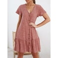 thumbnail image 3 of Summer V-neck Women Print Casual Buttons Dress Loose Swing Short Mini Dress, 3 of 5