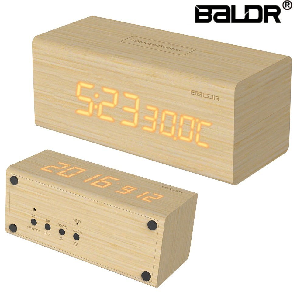BALDR Design LED REAL WOOD Alarm Clock_ Wooden Digital Alarm Clock with