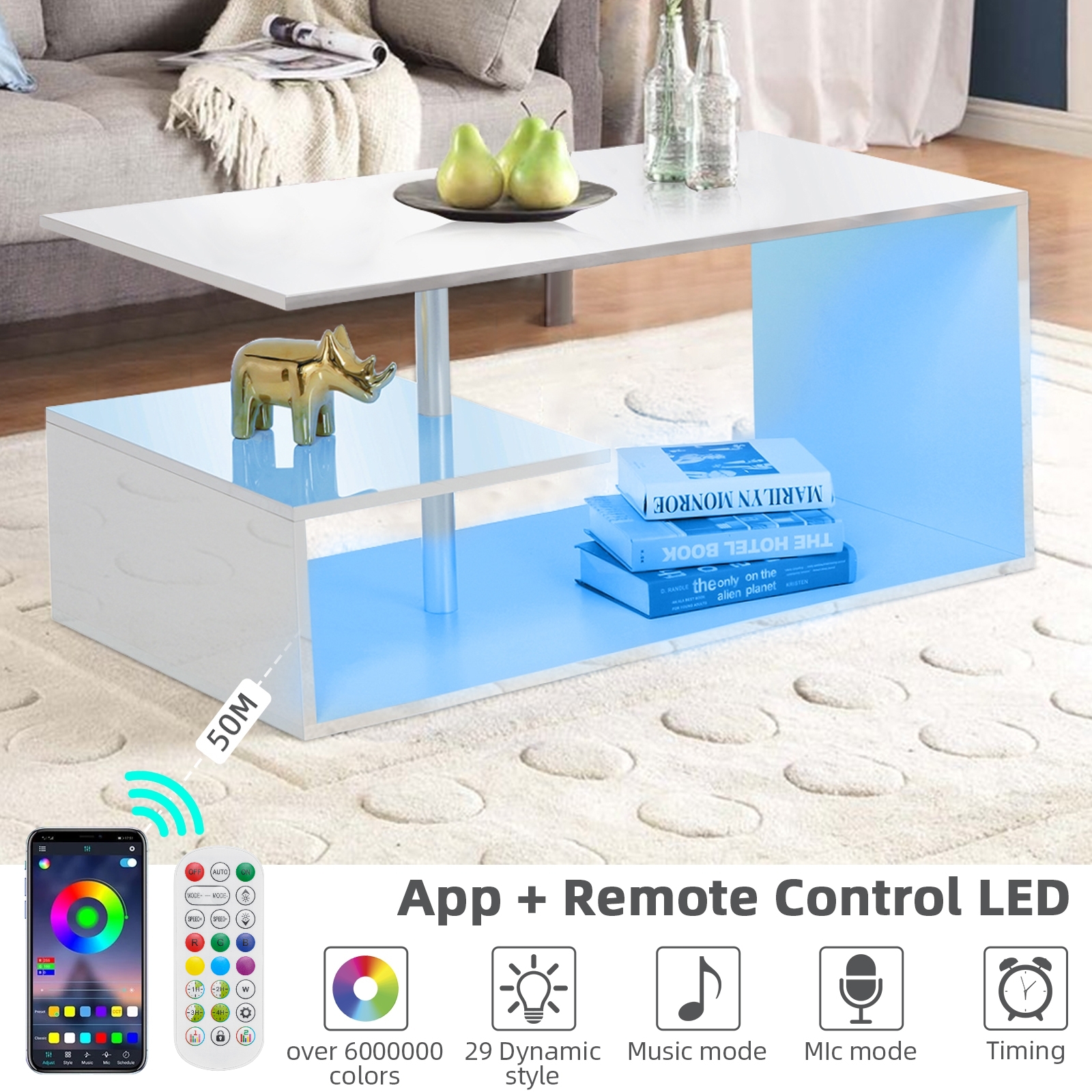 Hommpa High Gloss Coffee Table with Open Shelf LED Lights Smart APP Control White Center Sofa End Table S Shaped Modern Cocktail Tables with for Living Room - image 5 of 11