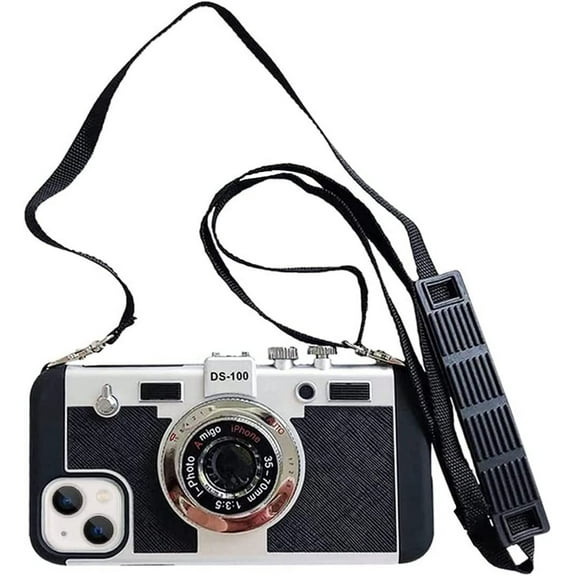 Emily in Paris Phone Case for iPhone 15 Plus Cute 3D Vintage Camera Phone Case with Lanyard Adjustable Shoulder Strap Unique Cool Silicone PC Case for iPhone 15 Plus Girls Women Black