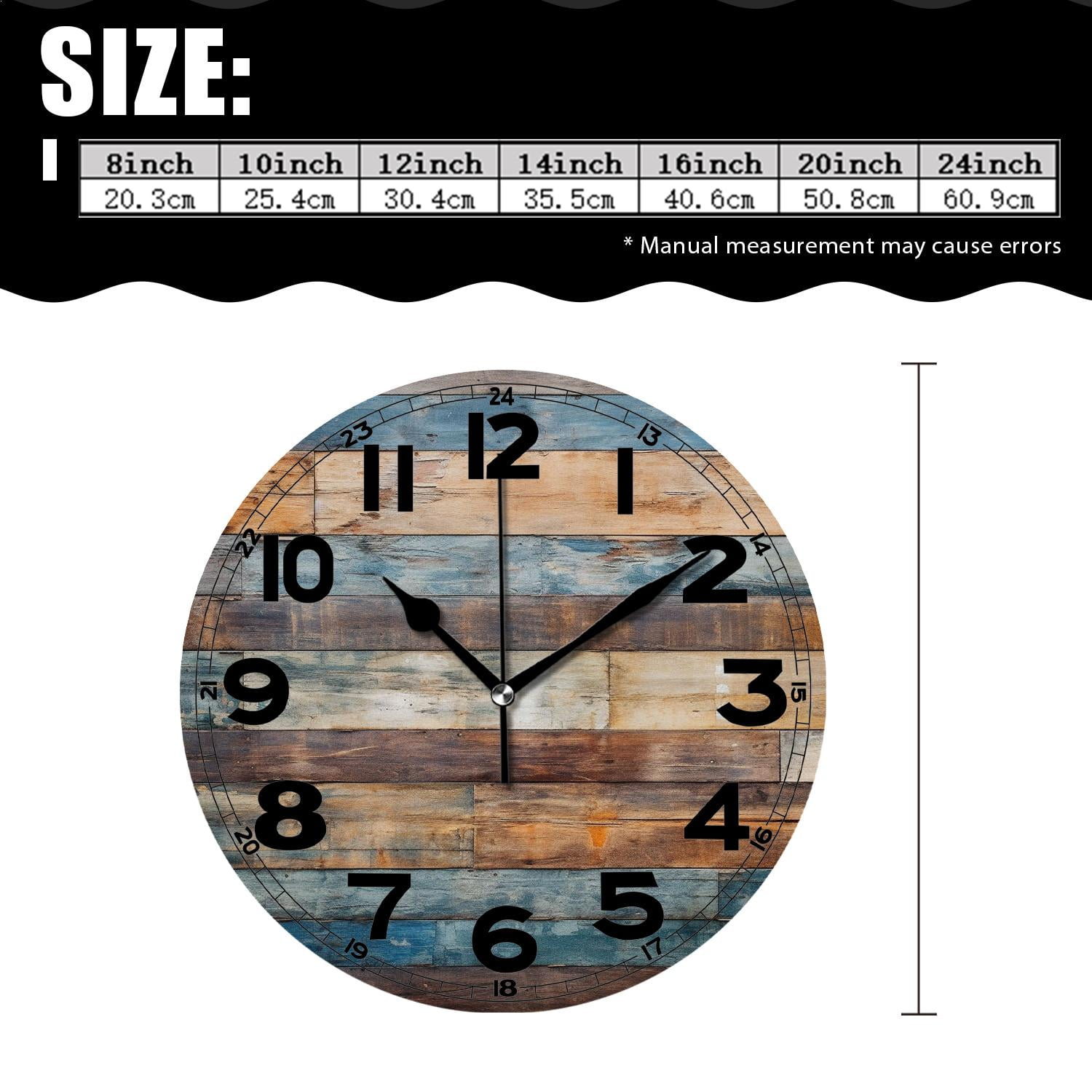 erolrail Rustic Wall Clock,Silent Non Ticking Wall Clocks for Living Room,Bedroom,Kitchen 12IN Blue Brown Planks Wooden Art
