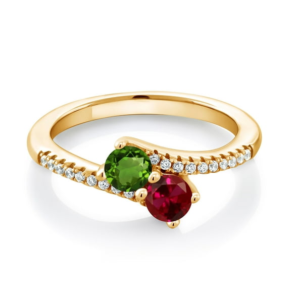 Gem Stone King 18K Yellow Gold Plated Silver Green Tourmaline and Red Created Ruby Bypass Ring for Women (0.74 Cttw, Gemstone October Birthstone, Round 4MM, Size 9)