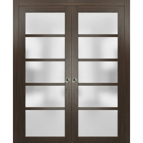 Sliding French Double Pocket Doors with Frosted Glass | Quadro 4002 Chocolate Ash | Kit Trims Rail Hardware | Solid Wood Interior Bedroom Sturdy Doors-36" x 84" (2* 18x84)