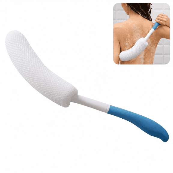2-in-1 Long Handle Bath Brush and Mesh Sponge Back Scrubber, Detachable Shower Body Brush with Non-Slip Handle for Back and Body Cleaning, Blue